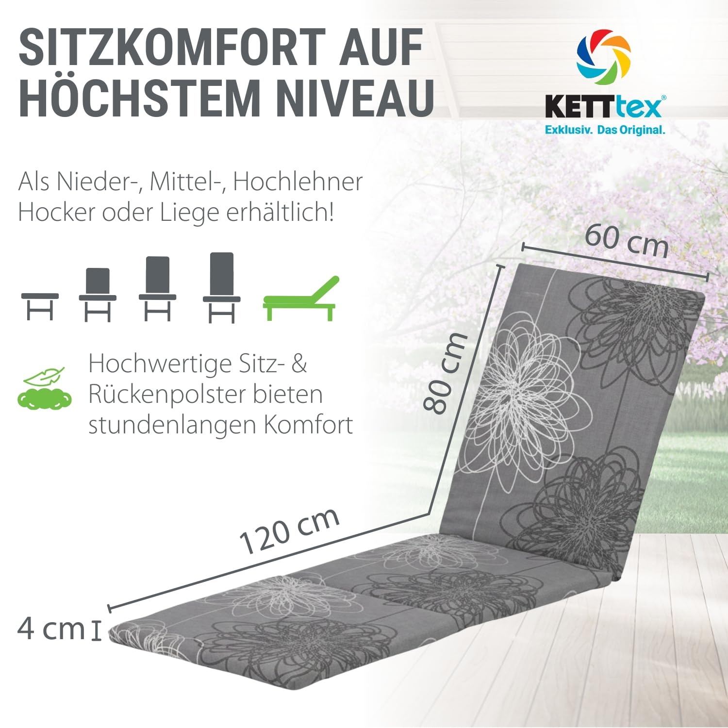 Auflage Liege Anthrazit Floral I Gartenliege Polster 200x60x4cm I KTH2 Liegenauflage weich & hautfreundlich I robuste Liege-Auflage I pflegeleichtes Liegekissen I Dessin 8519
