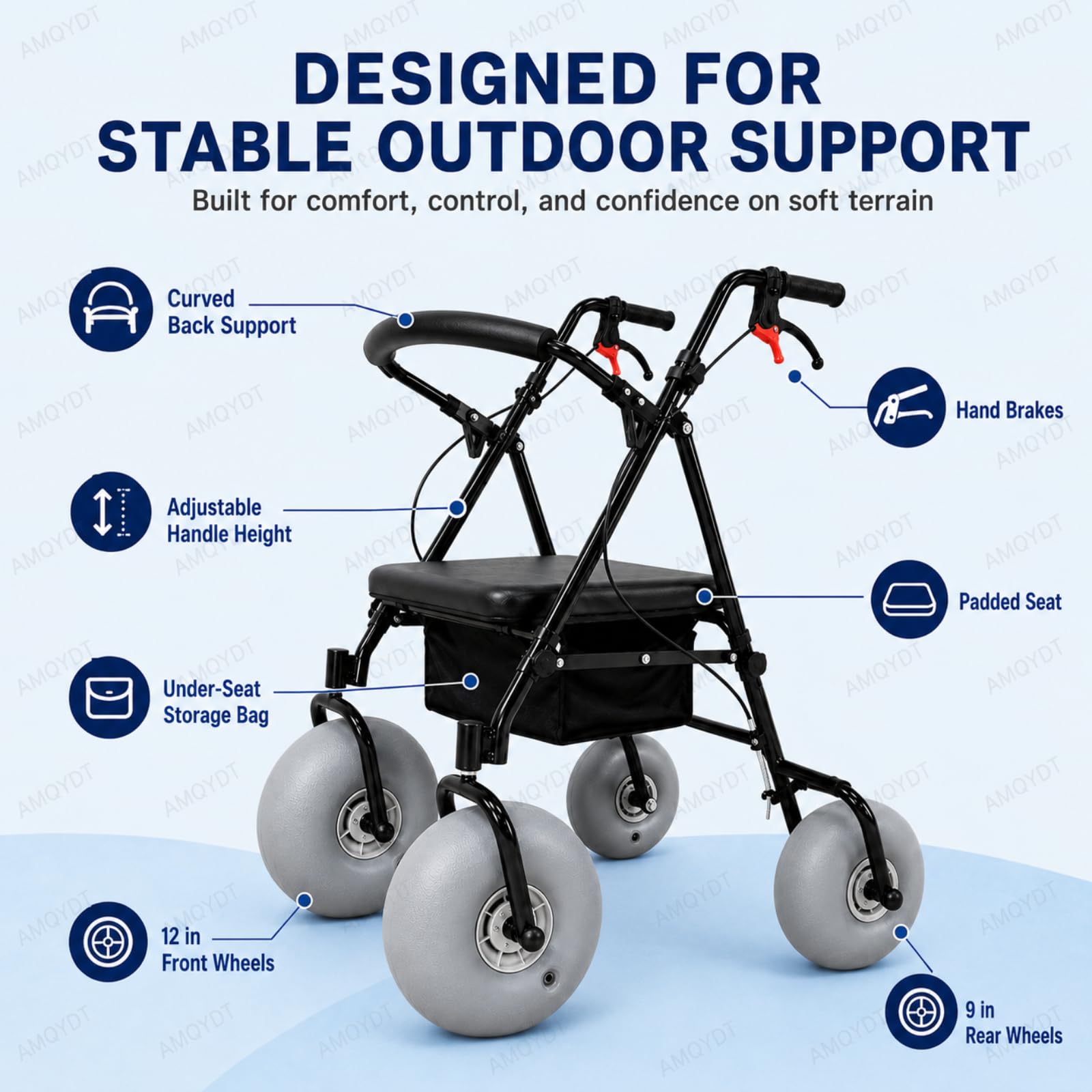 Silla De Ruedas De Playa con Neumáticos Anchos, Andador Todoterreno con Asas Ajustables, Asiento Impermeable Y Transpirable, Apto para Agua Salada Y con Capacidad para 100 Kg (220 LB) En Arena