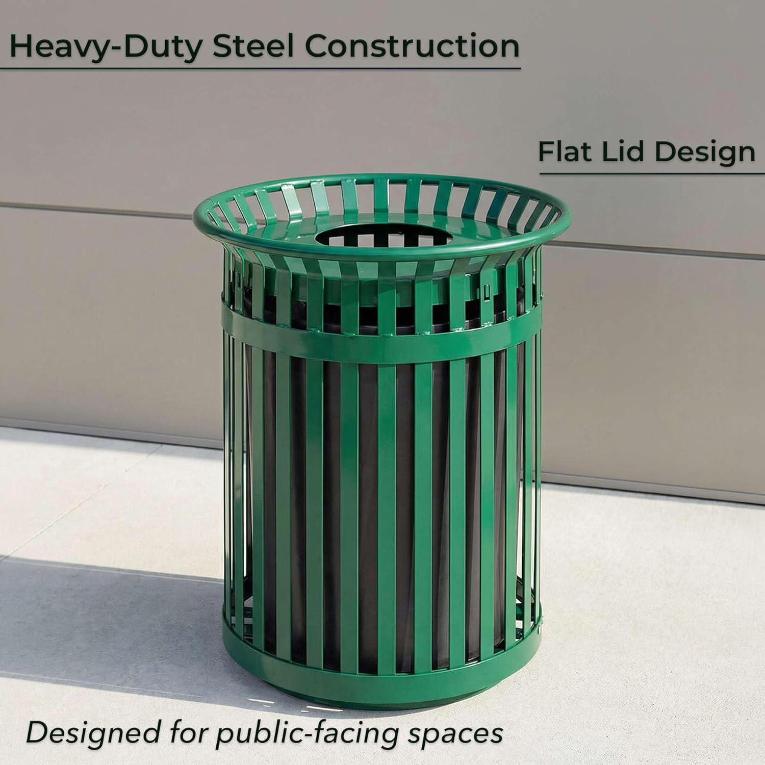 3 Pack 36 Gallon Commercial Heavy-Duty Trash Can - Green Outdoor Steel Slatted Waste Receptacle with Flat Lid and Rigid Plastic Liner, Round Bin for Parks, Schools, and Municipalities
