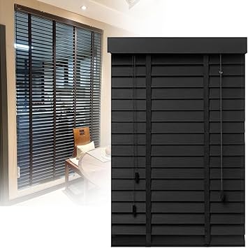 Customizable Wood Blinds Horizontal Window Blinds 40 55 60 75 80 95 105 110 120 135 145 150 160 170 wide Blackout Shades, 5cm Slats Venetian Blind, Outside or Inside MountBlack