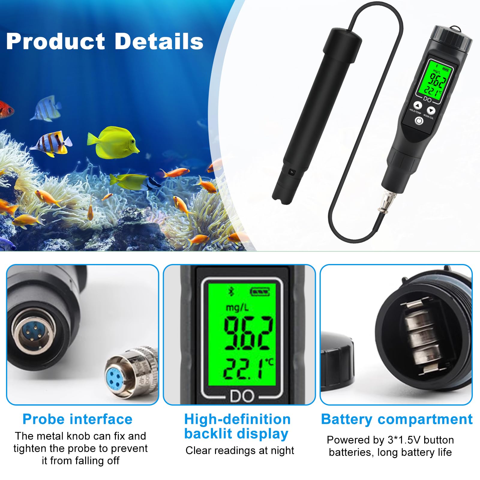 Détecteur d'oxygène Bluetooth pour l'eau Détecteur d'oxygène dissous pour l'eau Applicable aux bassins à poissons Aquarium Aquaculture BLE-9100 (comprend une poudre électrolytique)