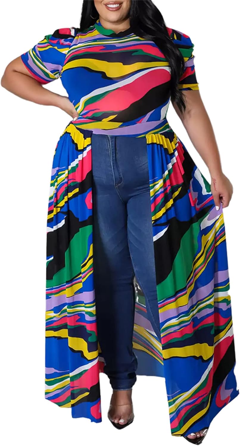 Women's Plus Size High Low Tops Blouse Puff Short Sleeve Mesh See Through Maxi Tunic Shirt Dresses