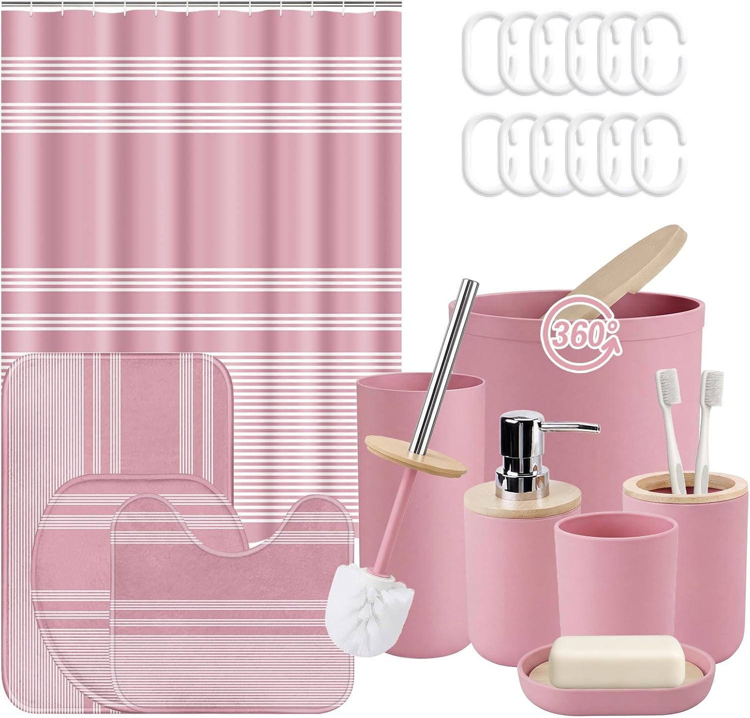Pink Bathroom Decor and Accessories Set, Striped Shower Curtain and Rug Set with Trash Can, Soap Dispenser, Soap Dish, Toothbrush Holder, Toothbrush Cup, Toilet Brush