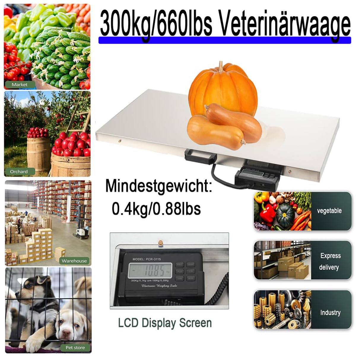 Veterinärwaage 103x53cm, 150kg/50g 300kg/100g Bodenwaage Plattformwaage, LCD Digitalwaage Große Tierwaage Hundewaage Paketwaage Haustierwaage