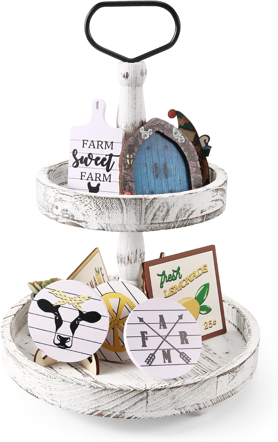 2 Tiered Tray Stand, Farmhouse Tiered Tray Stand with Metal Handle for Home Kitchen Decor, Wooden Rustic Two Tiered Serving Tray Coffee Table Tray for Holiday, Tray ONLY(Distressed White)