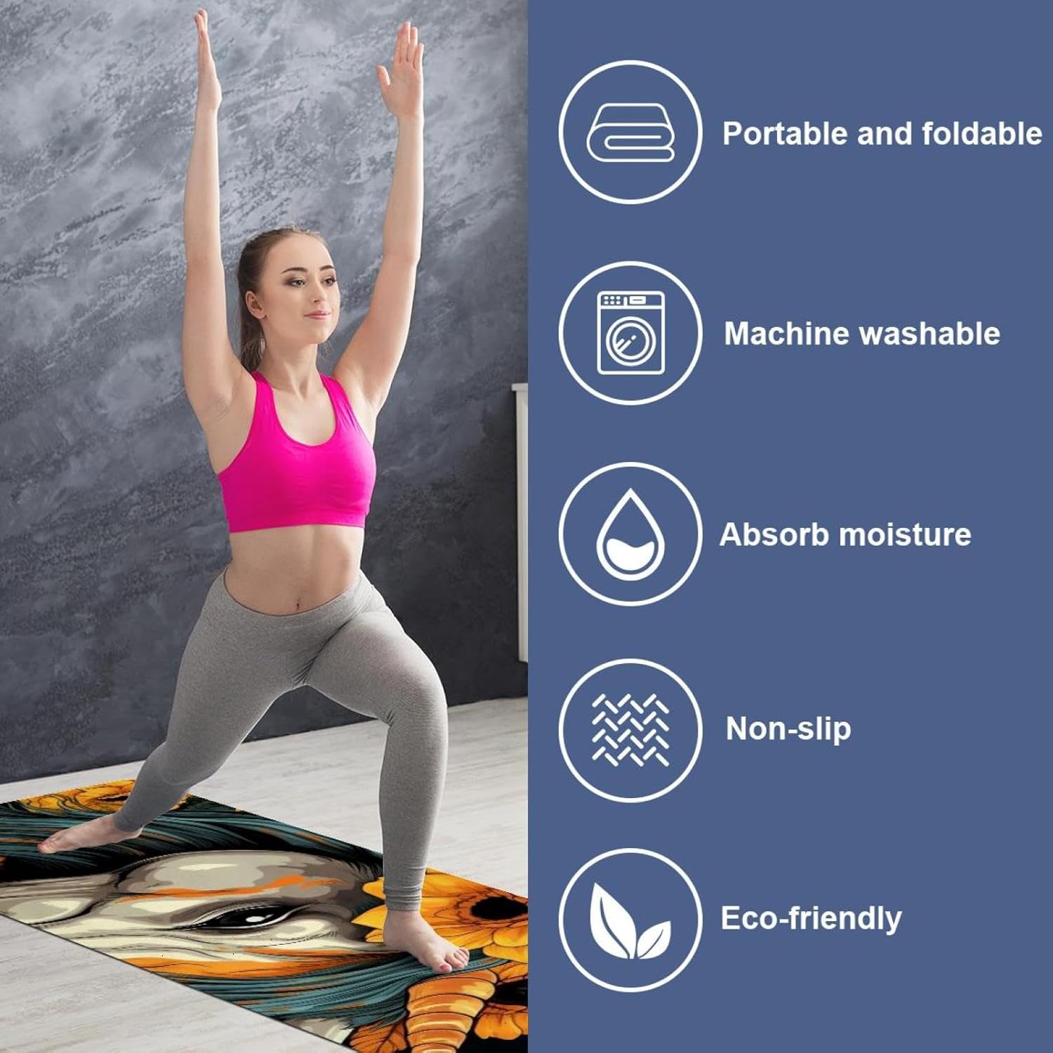 Yoga Towel, Unicorn Skull Horse Sunflower Non Slip Sweat Absorbent Hot Yoga Mat Towel for Hot Yoga, Pilates and Fitness - 72.8" x 26.8"