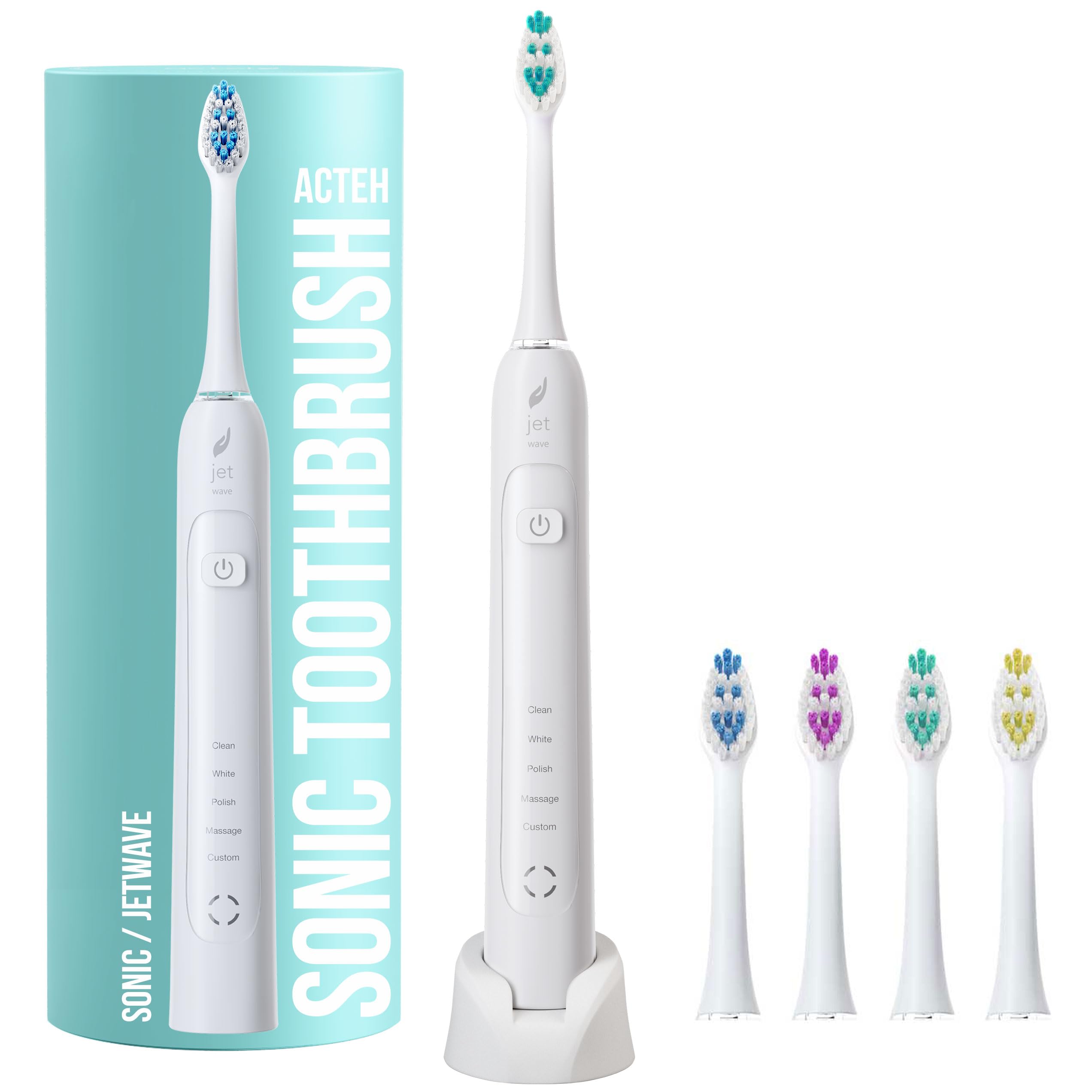 ActehSonic Electric Toothbrush, JetWave Rechargeable, Toothbrush w/ 5 Brushing Modes, 2min. auto-Timer, 30sec. Quad-Reminder and Long-Lasting, Extended Charge Battery (White)