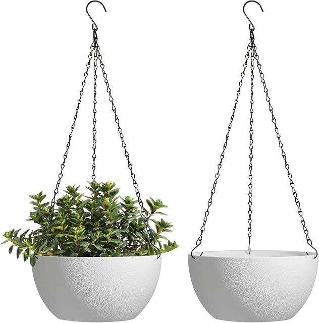 T4U 25CM (10 Inch) Hanging Plant Pots Pack of 2, White Plastic Hanging Basket Flower Holder Garden Home Decoration for Indoor Outdoor Plants, White Hanging Planter with Chain for Garden Outside