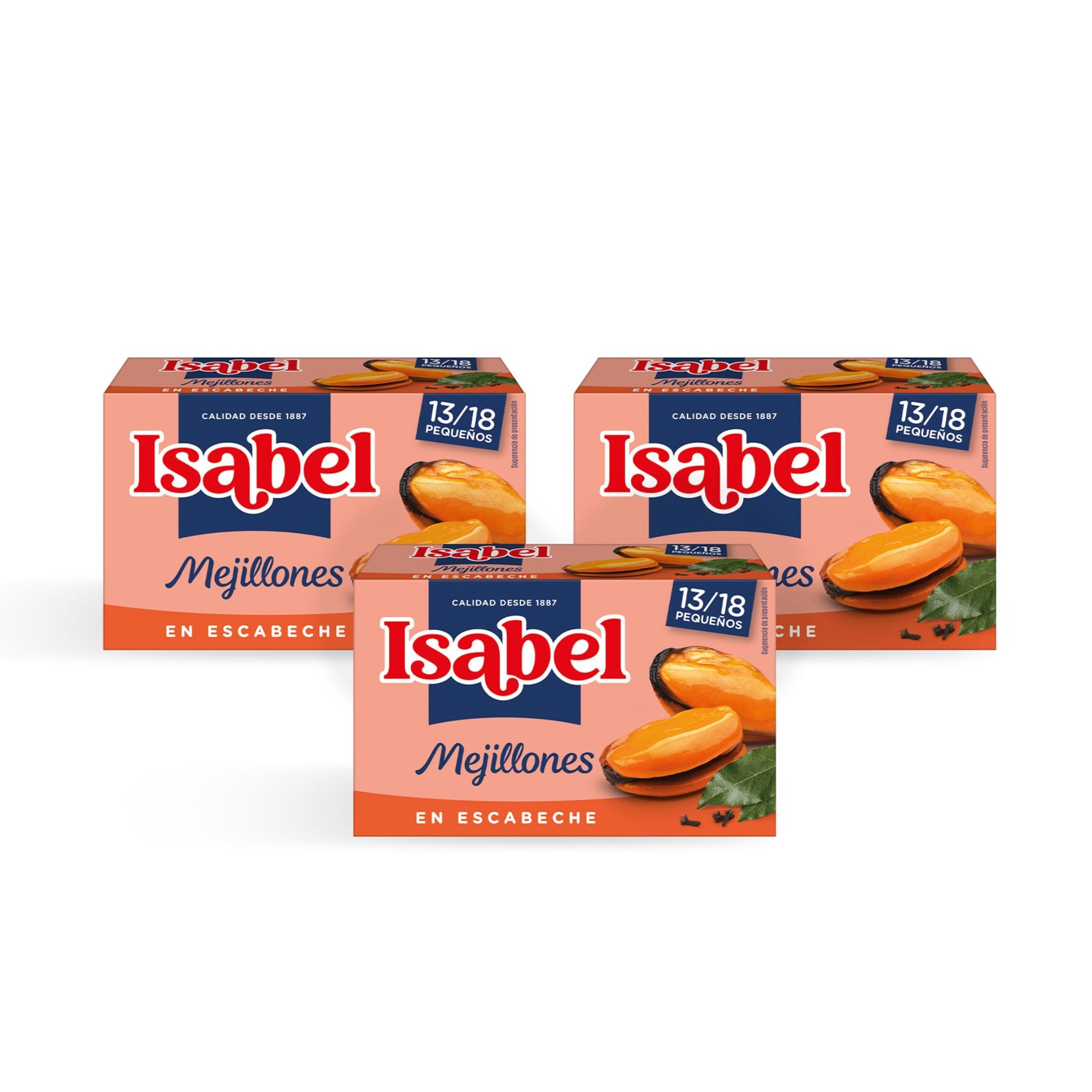 Isabel Mejillones en salsa escabeche 13-18 piezas, 1 pack de 3 latas de 115gr