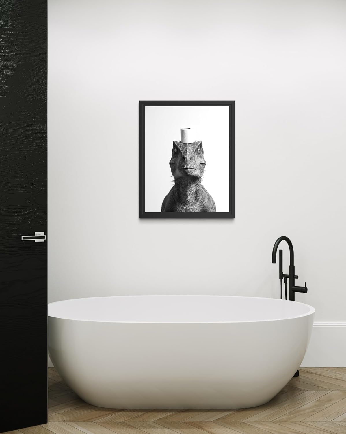 Dinosaur and Toilet Paper Poster Framed Art Print, Animal Funny Humor Restroom Painting Wildlife Bathroom Bath Wall Art Decor Nature A10 (Dinosaur and Toilet Paper, 14" L x 11" W, Black Frame)