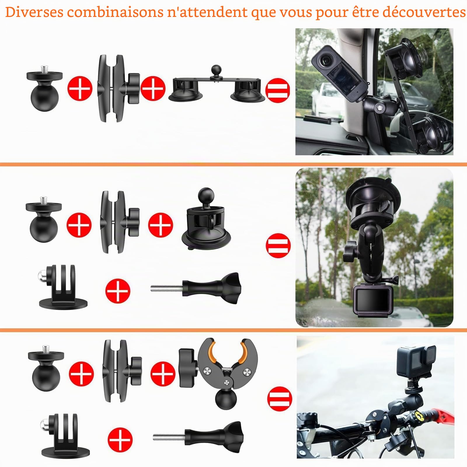 UNSTINCER 3 Ventouse Voiture Camera Support e Pince pour Gopro Insta360 DJI