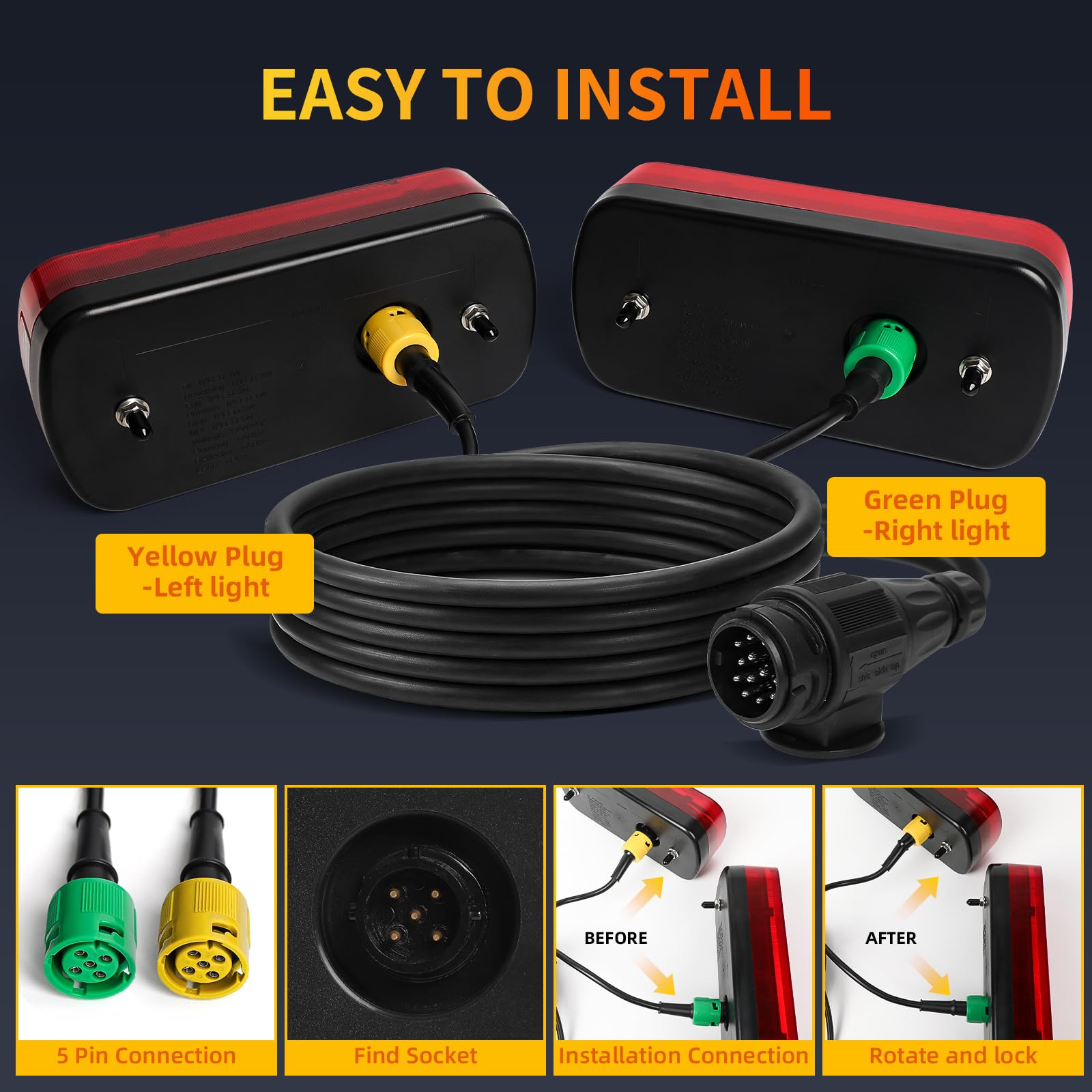 Pilotos Traseros Remolque 12V/24V 7 Funciones con Cableado 5m Enchufe de 13 Pines Luces Remolque Homologado E57 Impermeable IP67 Montaje con Tornillos para Remolque Camión Caravana