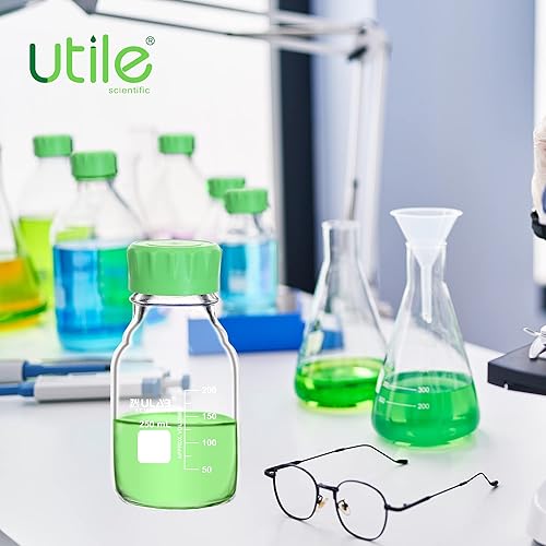 Miniatura 7 de Utile Botella multimedia, 3.3 botellas de vidrio de borosilicato con tapones de rosca GL45, 6 botellas de medios de laboratorio de 8.45 onzas,