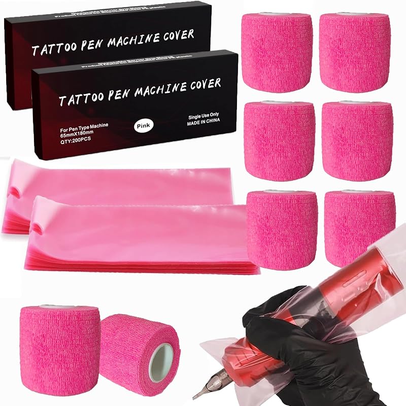 Urknall Kit com 400 capas para máquina de tatuagem e 6 rolos de fita para grip, rosa