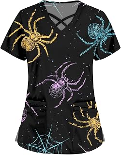 Women’s Medical Scrub Top Short Sleeve Criss Cross V-Neck Halloween Printed Nurse Uniforms with Pocket