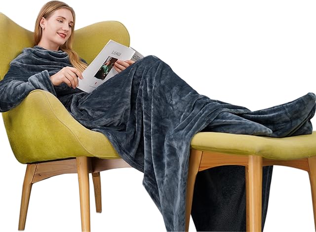 Winthome Wearable Blanket with Sleeves and Foot Pocket, Soft and Warm for Sofa Lovers. Hook and Loop Fastener (Grey)