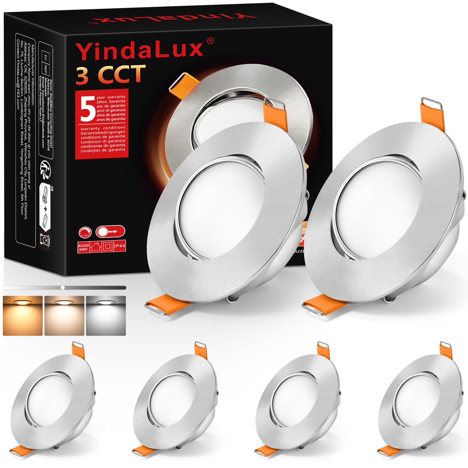 YindaLux Lampa sufitowa LED do zabudowy 230 V, możliwość ściemniania IP44, 5 W, ultra płaska, średnica wiercenia 68-80 mm, 3000 K/4000K/6000K, obrotowa 45°, lampa sufitowa LED do łazienki, kuchni