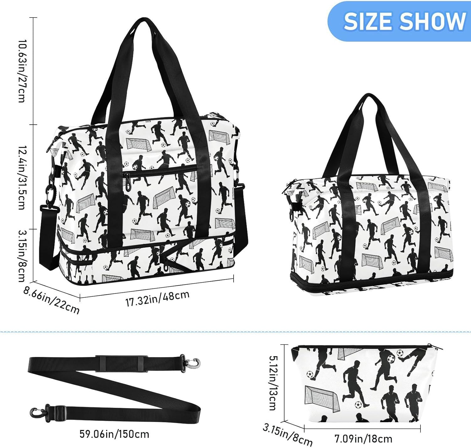 Foldable Travel Tote Bag Football Sport White Gym Bag with Toiletry for Business Trips