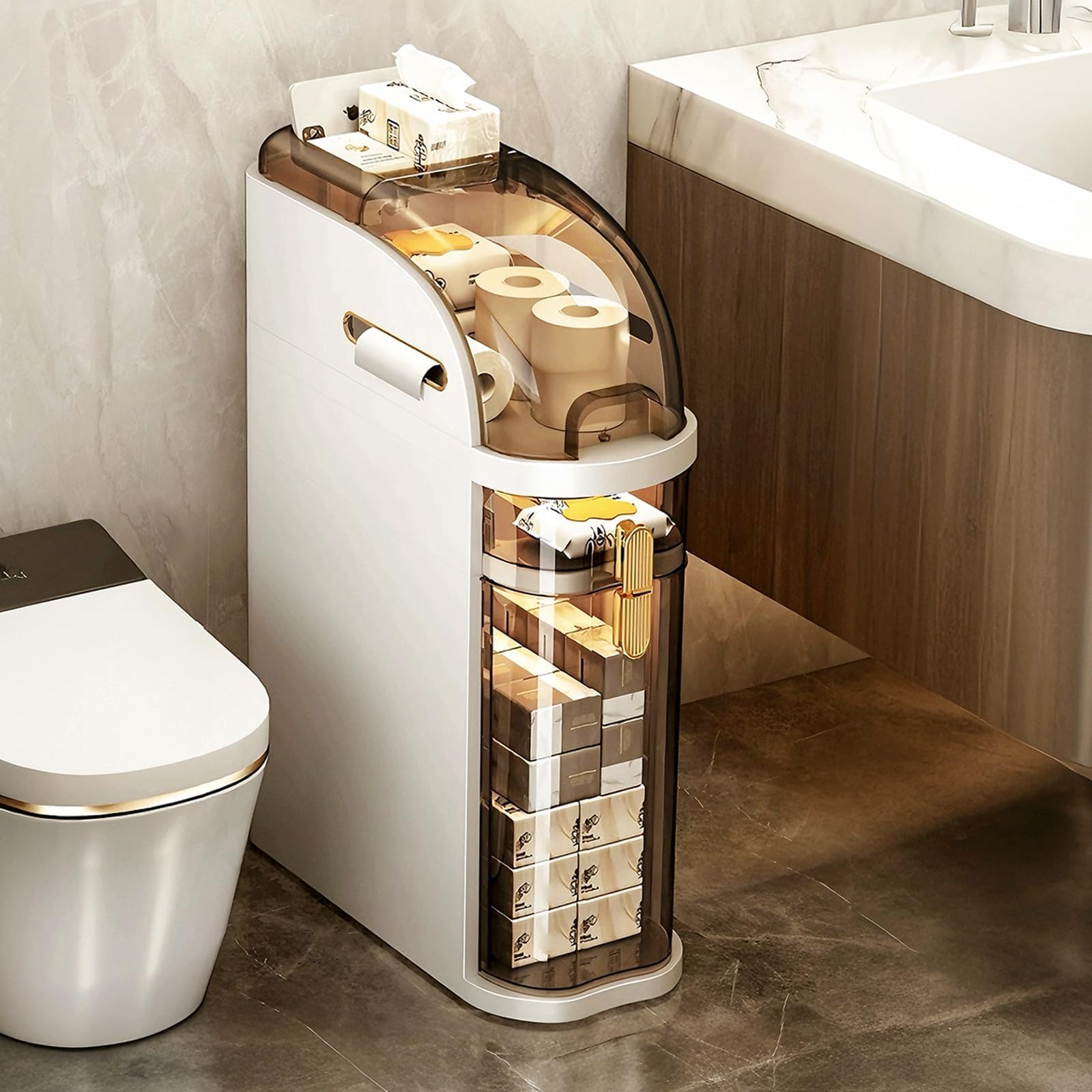 Lozovin 2-Tiers Narrow Bathroom Floor Storage Cabinet 7.1″ Plastic Drawers Organizer with Tissue Box and Wheels Slim Waterproof Bathroom Cabinet for