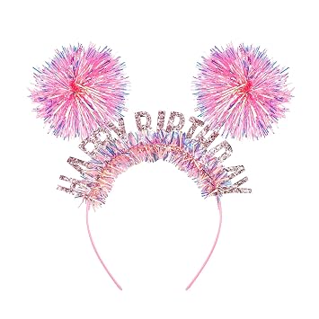 CUBACO Birthday Headband for Women Birthday Crown Gifts for Women Pink Hat Accessories Hair Loop Cosplay Crazy Hair Day Accessories for Girls Pom Pom Headband Pink
