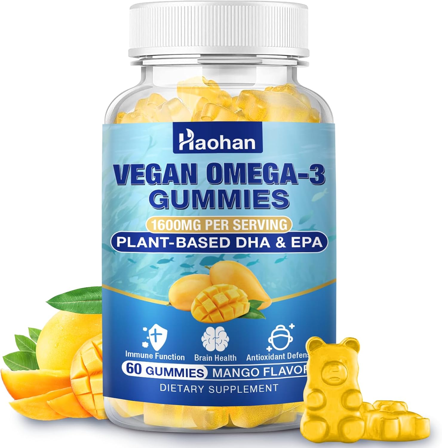 Omega-3 Gummies for Adults, Orange Flavor – Sugar-Free, Algae-Derived DHA 600mg & EPA 300mg, with Vitamins A, C, E, Zinc, 60 Gummies