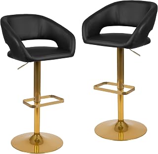 Flash Furniture Vinyl Adjustable Barstool, Black/Gold, 2-Pack | Rounded Mid-back, Adjustable Height, Contemporary, Gold Base, Vinyl Upholstery