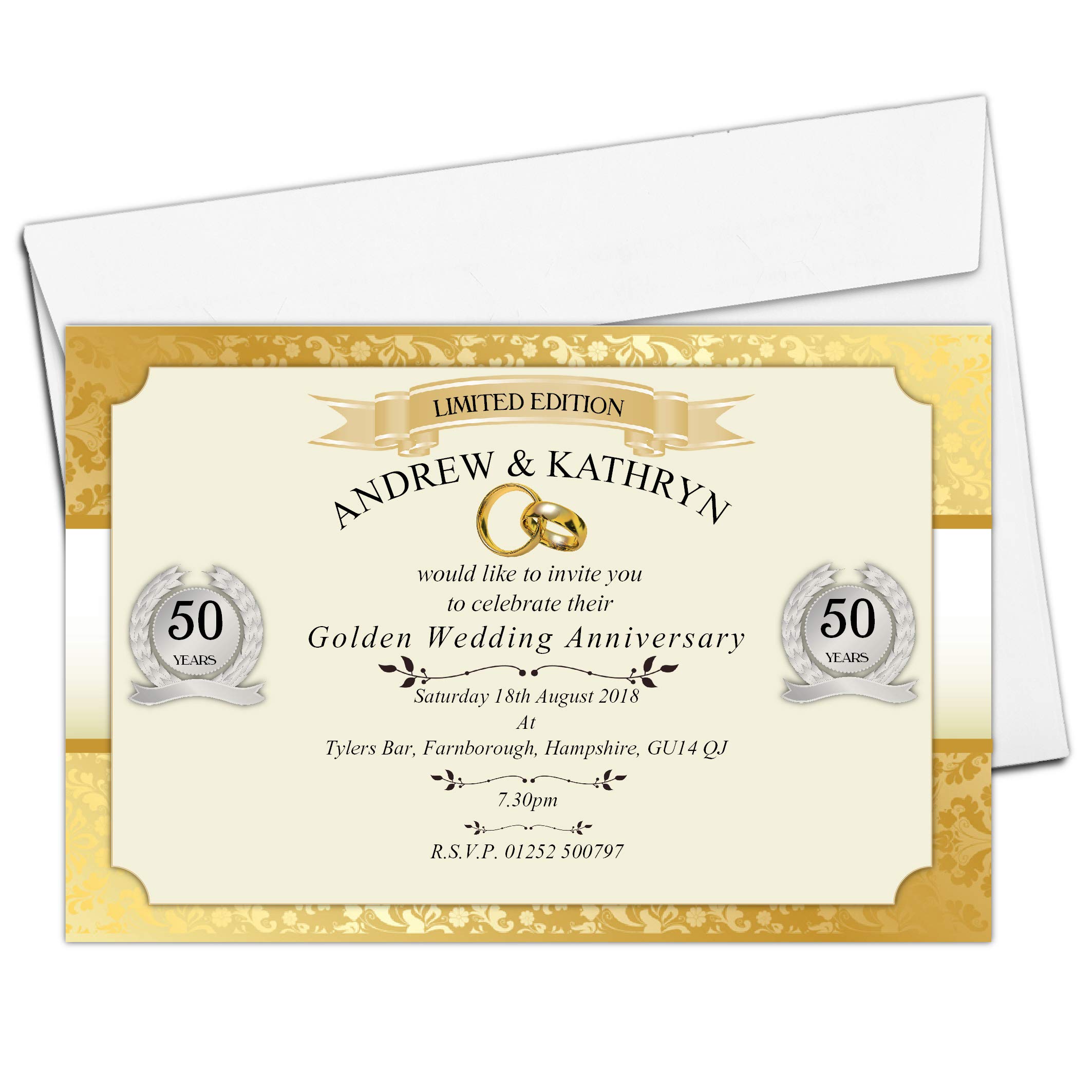 10 Personalised 50th Golden Wedding Anniversary Invitations N11