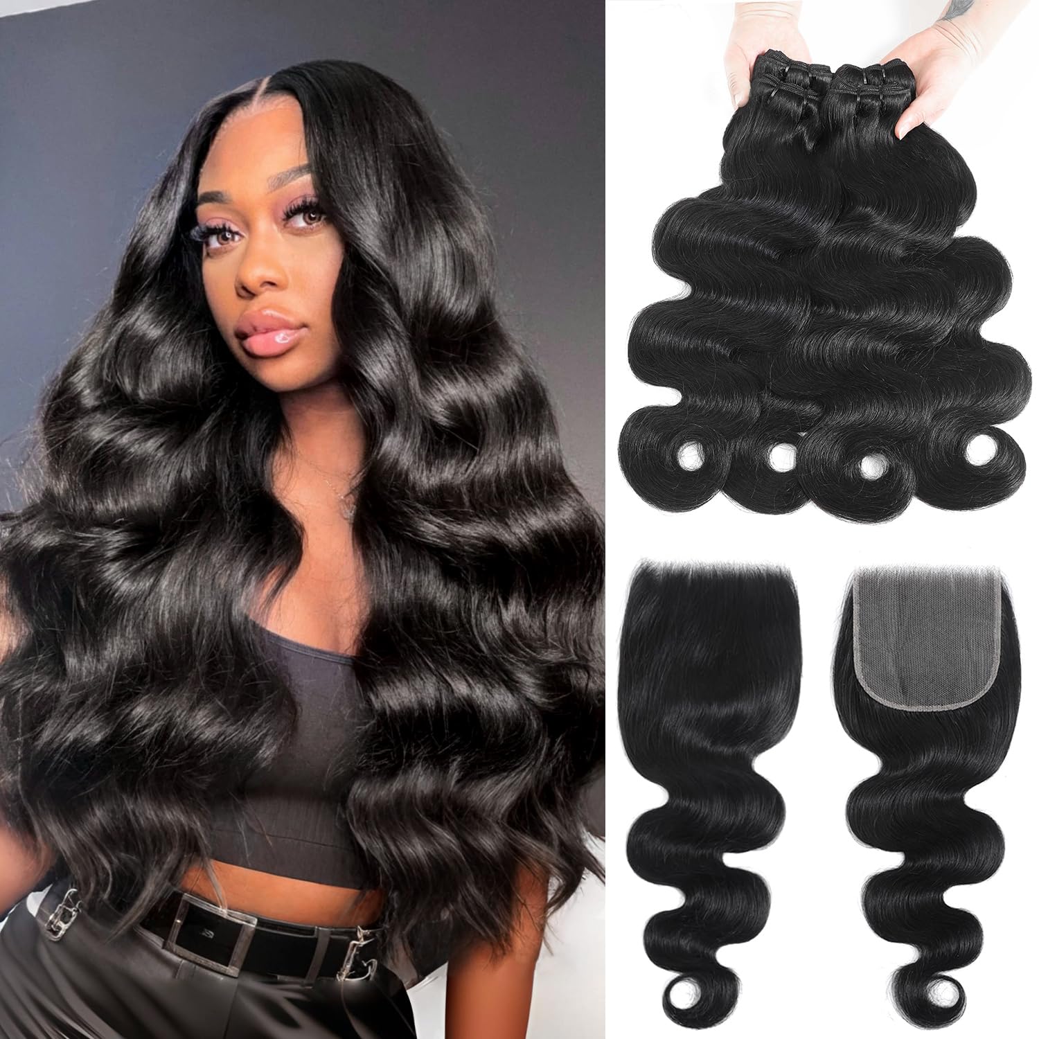 4 Bundles Human Hair 22 24 26 28+20Inch Body Wave Bundles With Closure 15A Brazilian Virgin Hair 5X5 HD Lace Closure Unprocessed Remy Hair Weave 4 Bundles Deals For Women