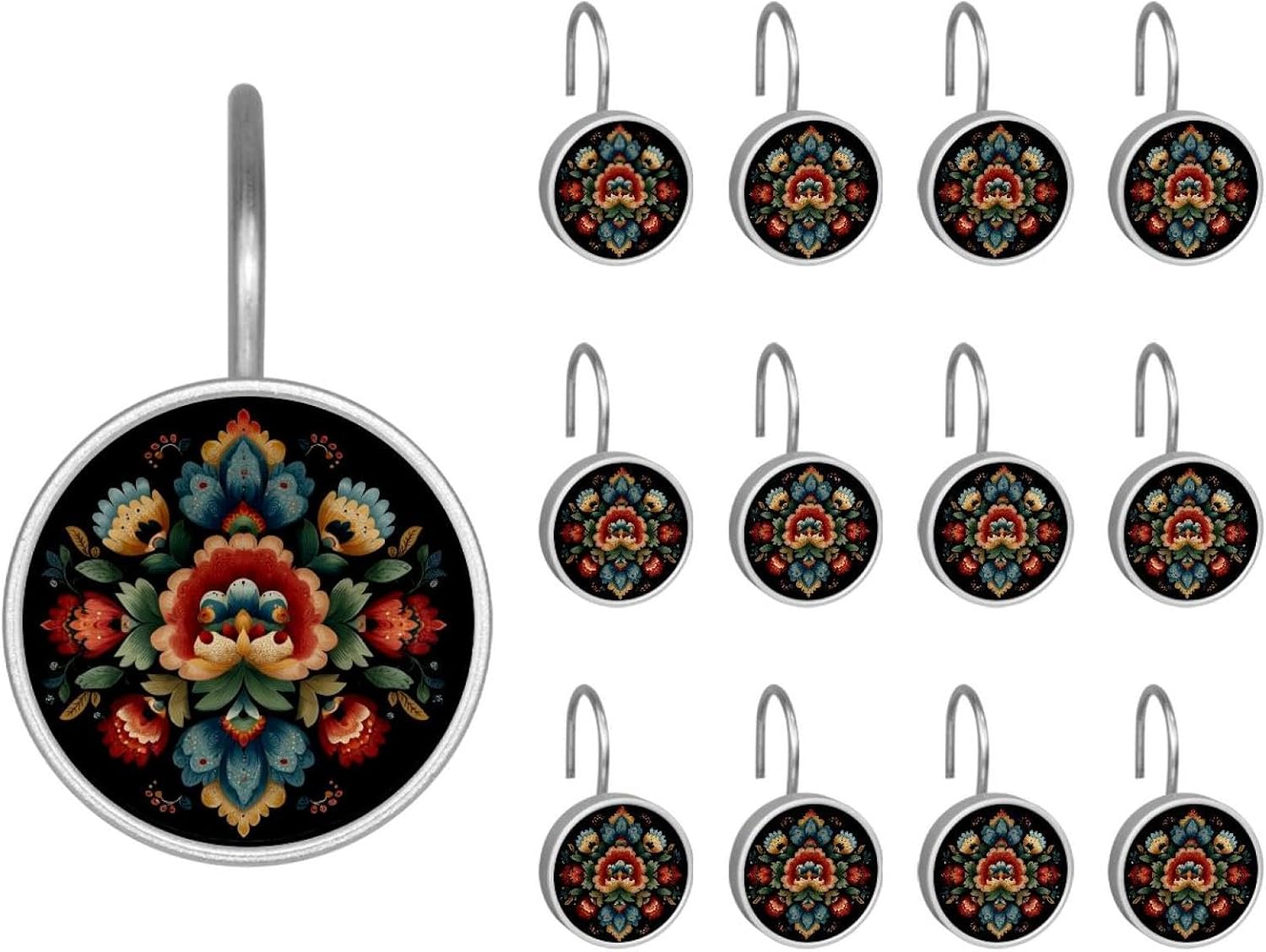 12PCS Norwegian Rosemaling Folk Style Flower (17) Shower Curtain Hooks Metal Rust Resistant Decorative Shower Curtain Hooks Bathroom Decorations