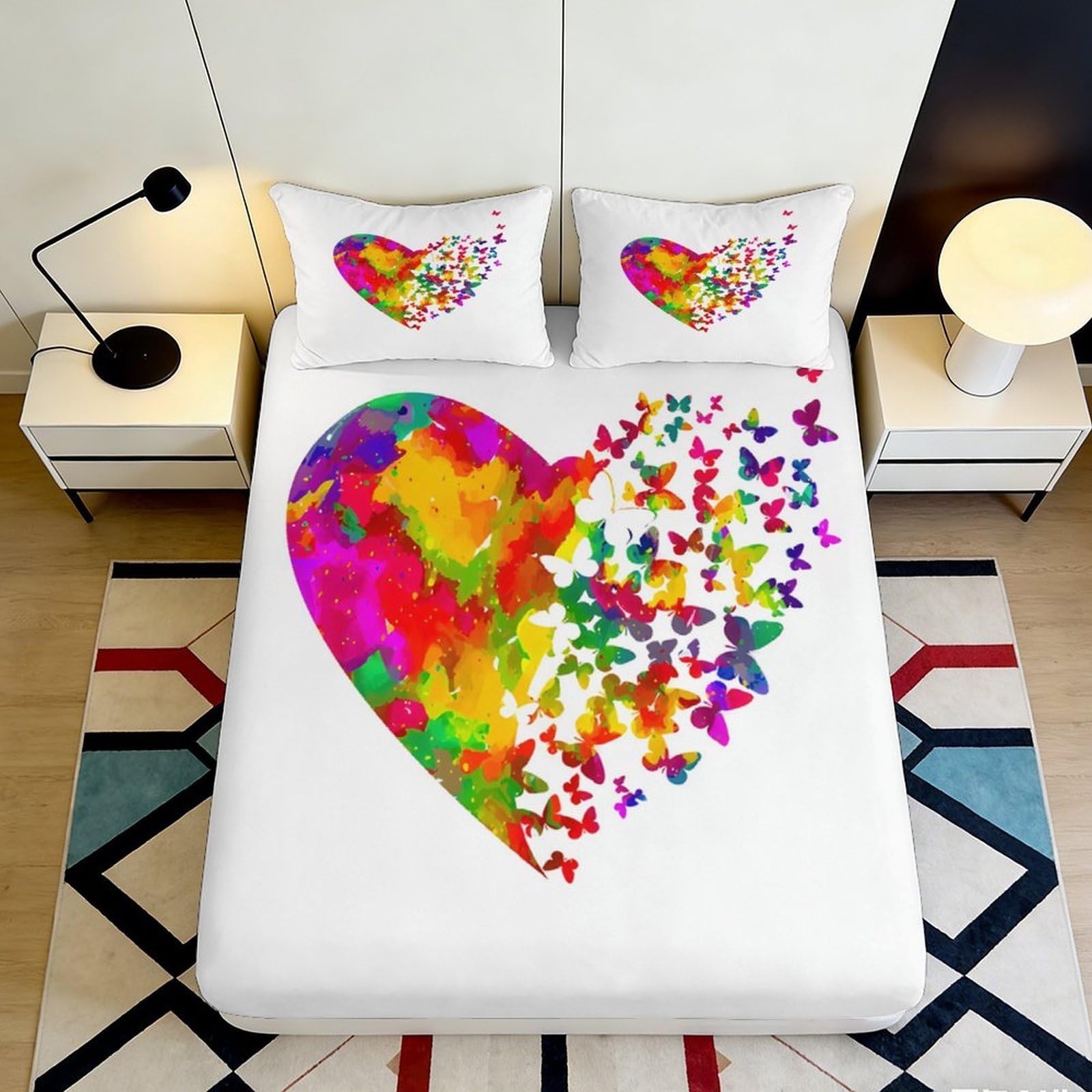 Dhbaneiok Style-8 3D Printed Colorful Heart Fitted Sheet Microfiber Soft Artistic Butterfly Bed Cover For Bedroom Dorm Decor 90X200x25cm