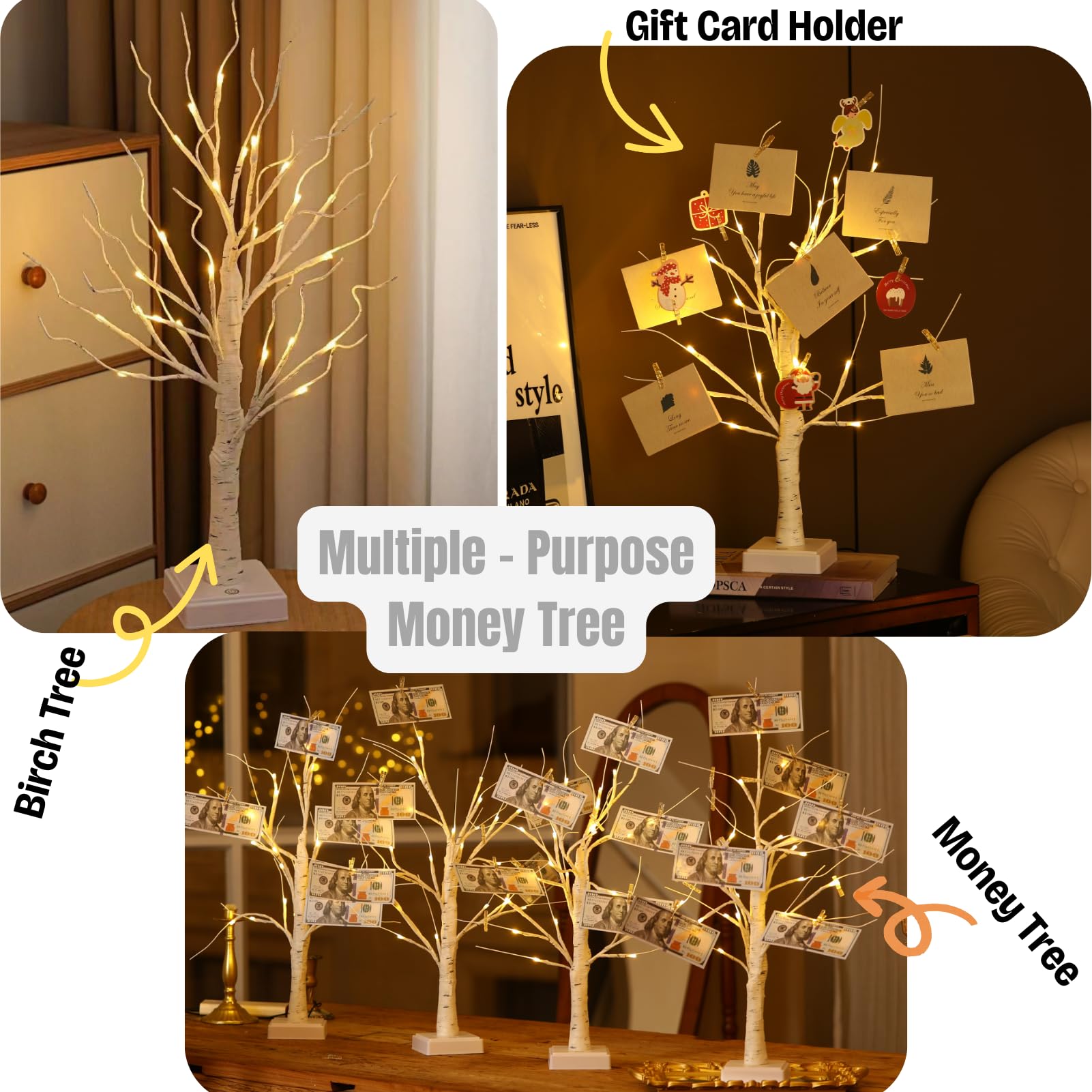 Money Tree Gift Card Holder , 24 LED Warm White Lights USB and Battery Powered, with Clips and Greeting Cards, Gift Holder Decor for Cash Photo Mother's Day Graduation Gifts