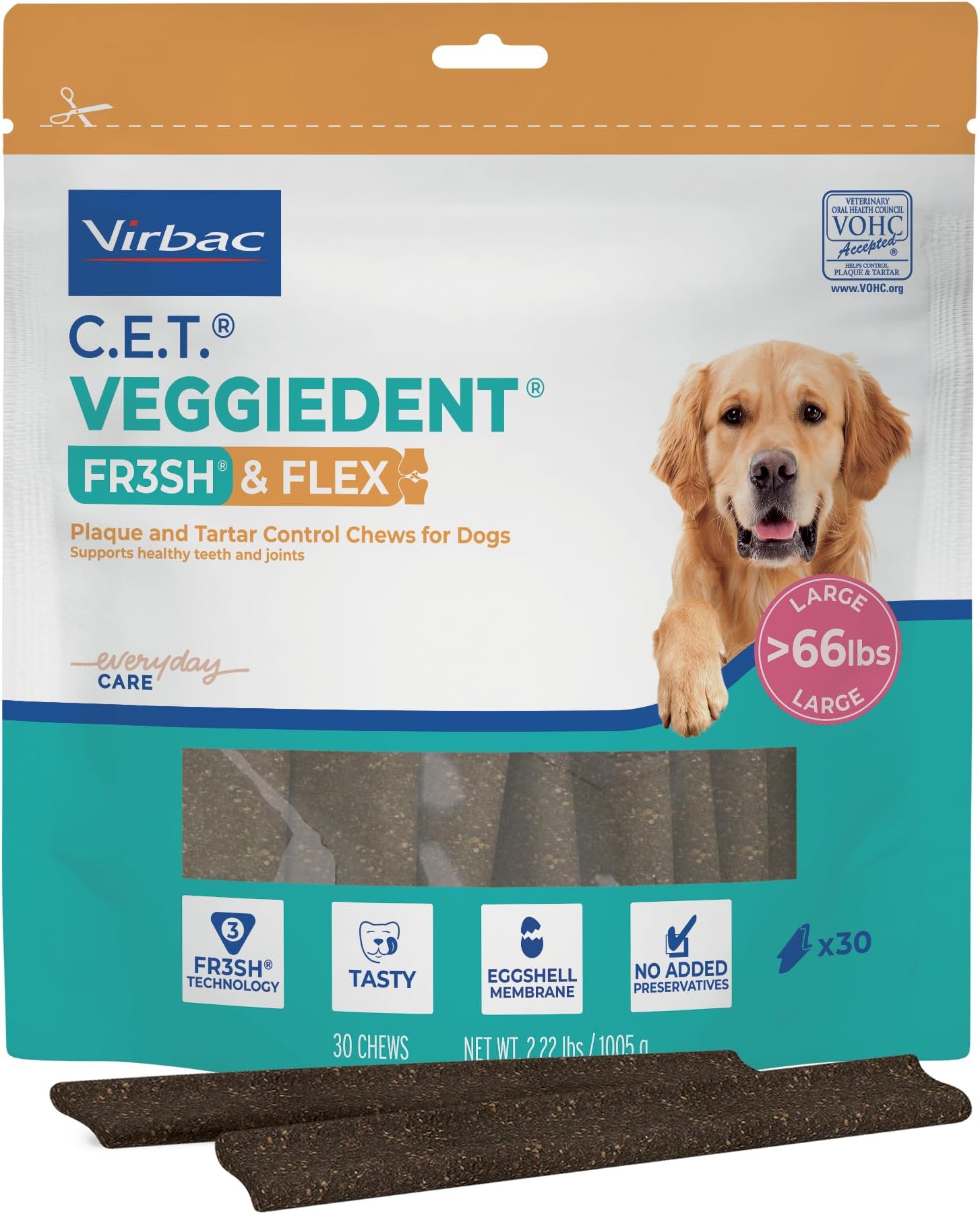 C.E.T. Veggiedent Fr3sh & Flex Plaque and Tartar Control Chew for Dogs, L | Dog joint health dental chews, mobility support, plant based chews, VOHC approved for plaque & tartar, fresh breath