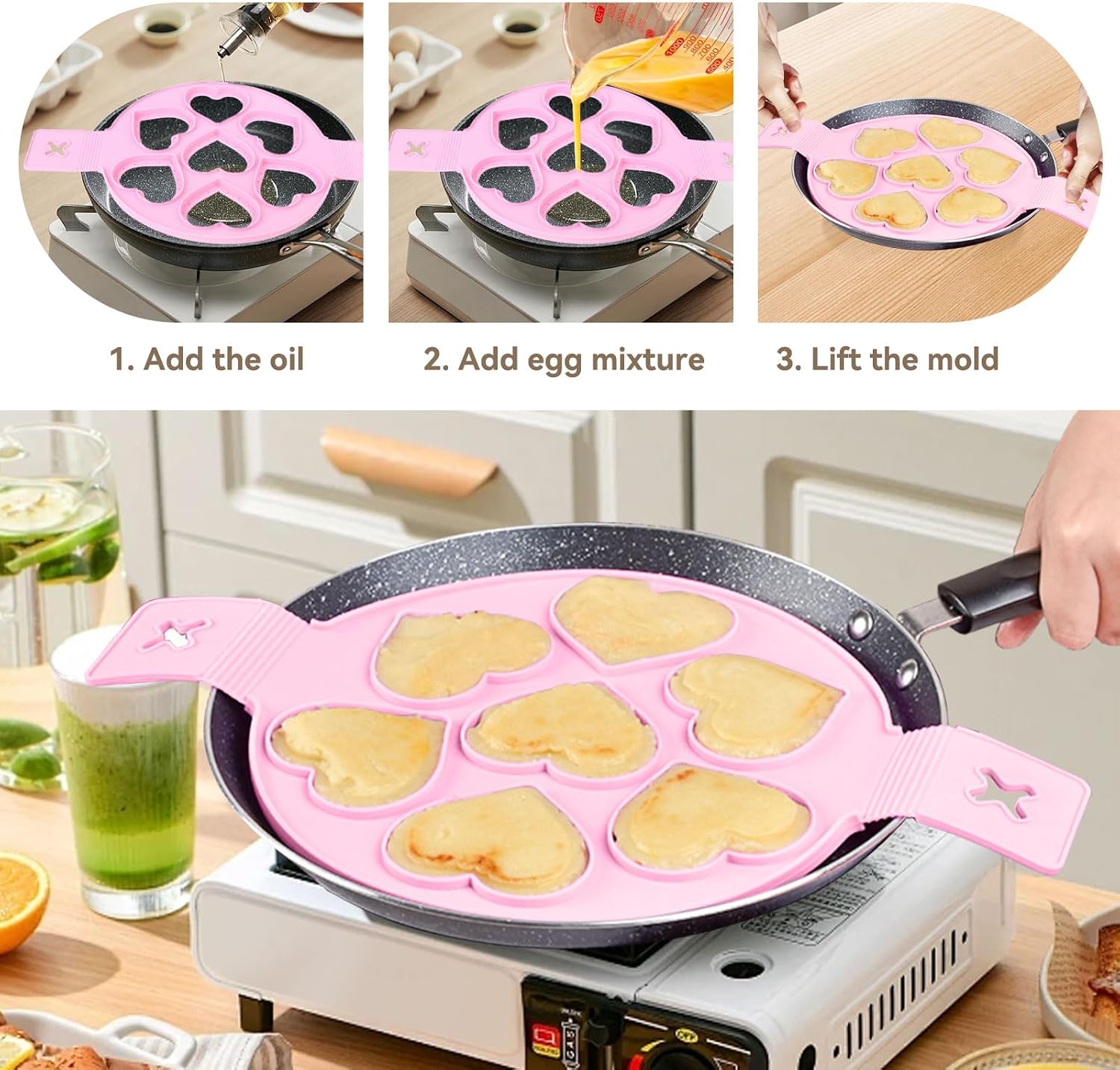 Shaped Mini Pancake Maker Mold, 2PCS 7 Cavity Star/Heart Shape Silicone Omelette Maker Reusable Nonstick Fried Egg Mold Flip and Cook Pancake Maker