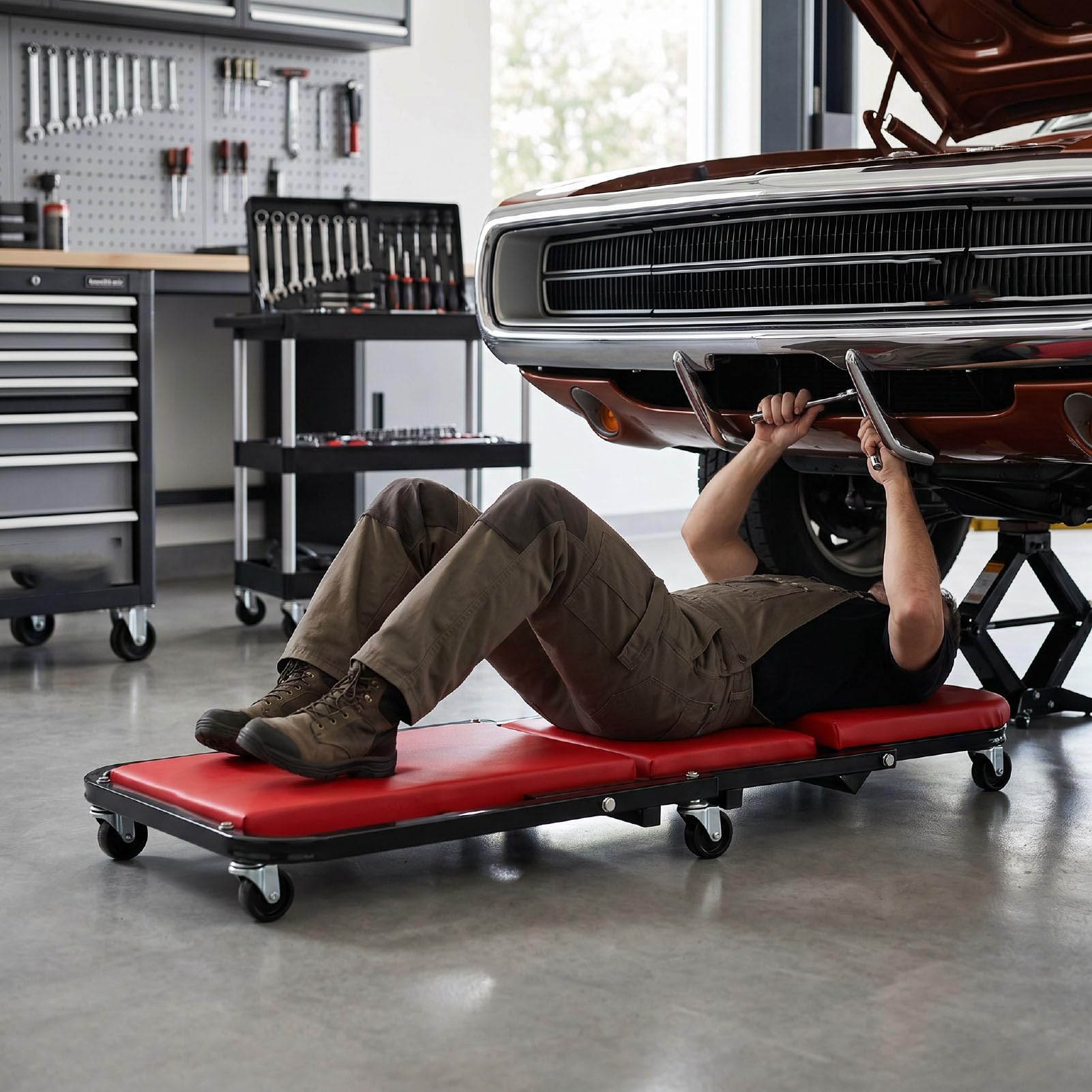 CHICIRIS Camilla para Mecánico Convertible 3 en 1, Asiento con Ruedas Giratorias for Reparación y Mantenimiento de Automóviles (Rojo) | Estructura acolchada gruesa, metal resistente, ruedas giratorias; ideal para taller.