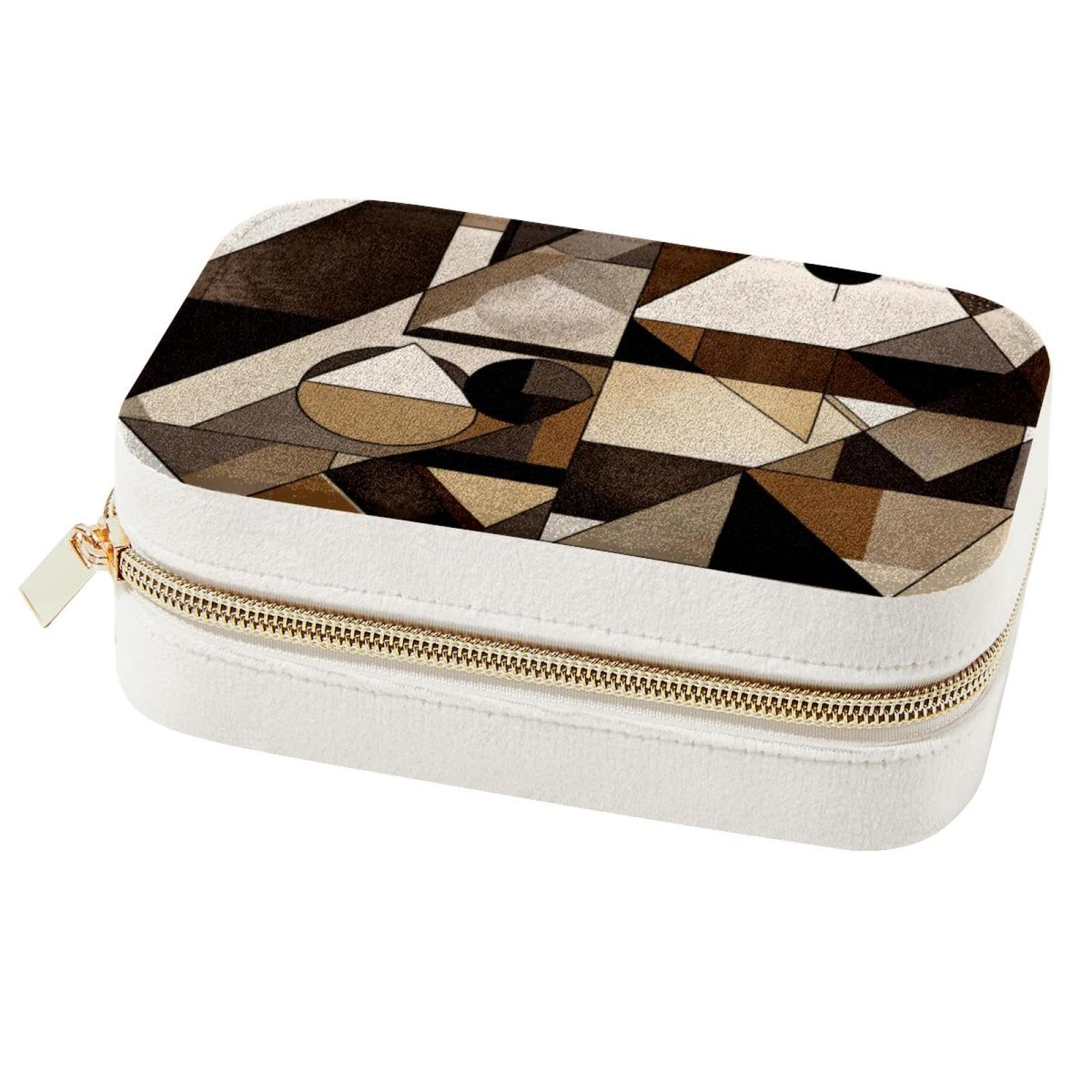 Boîte à bijoux spacieuse double couche couleur marron avec motifs abstraits modernes