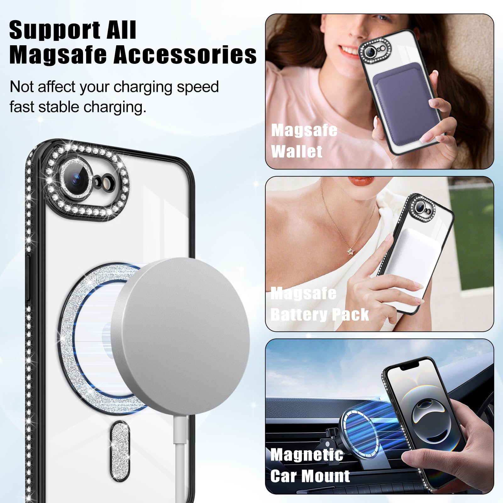 Newseego Custodia Magnetica per iPhone 16 [Compatibile con Magsafe], Ragazze Chiaro Glitter Schermo Fotocamera Antiurto Protezione Paraurti Antipolvere Cover per iPhone 16-Bianco