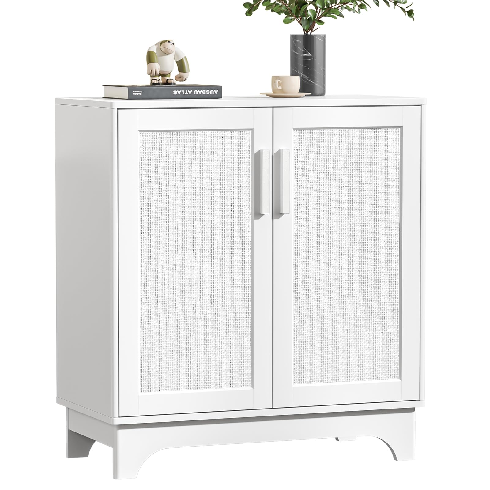 Yvsevnr White Sideboard Wooden Buffet Storage Cabinet for Living Room, Rattan Kitchen Cupboard with Adjustable Shelf, Magnetic Closure, Storage Unit for Bedroom, Hallway, Dinning Room 80 x 40 x 89 cm