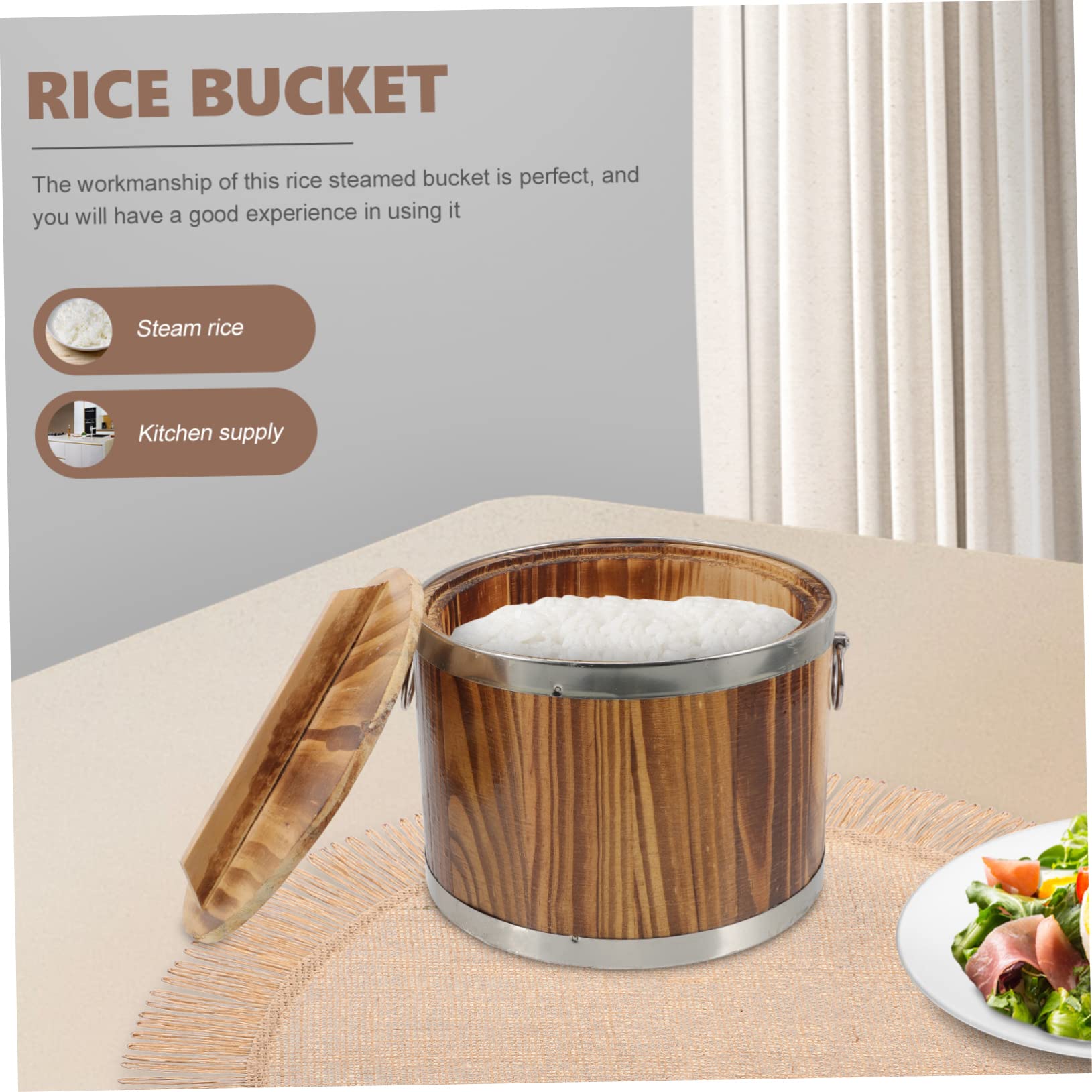 ABOOFAN Contenitore Secchio Compatto e Salvaspazio in Legno Coperchio per Riso al Vapore per Sushi e Cucina Domestica