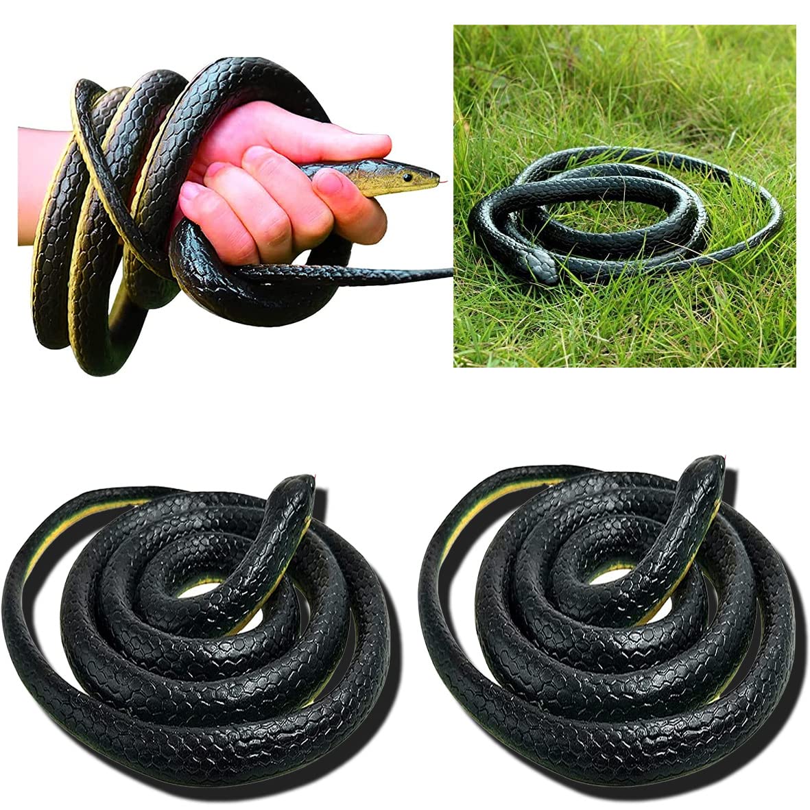 Wrzbest Black 2 Pack Fake Snakes, Large Realistic Snake Model, Rubber Snake Figure For Halloween Prank Props，April Fool's Day,Scare Friends,Garden Decor
