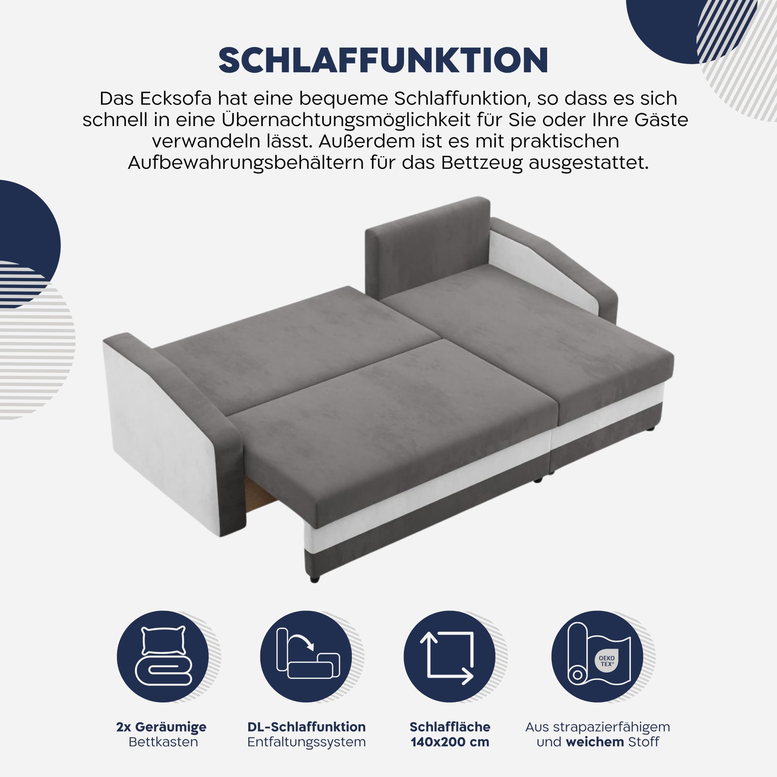 Mebligo - Ecksofa mit Schlaffunktion und Bettkasten Orion, Eckcouch Universelle Seite, Sofa L Form (BxTxH) 231 x 140 x 85 cm, Couch Wohnzimmer, Ecke Sofa, Dunkelbraun + Braun (Mikro 20 + Mikro 48)