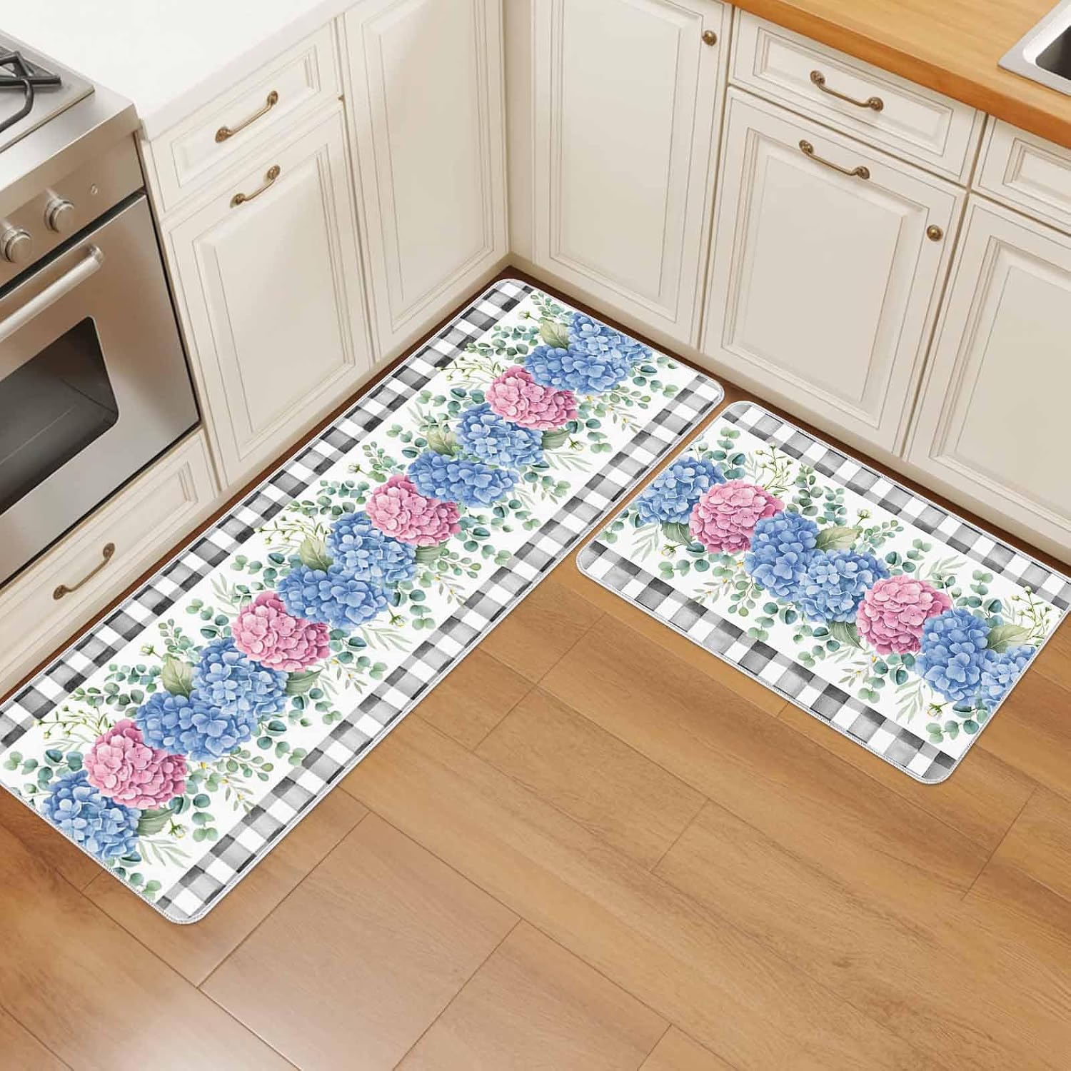 Rustic Pink Blue Hydrangea Kitchen Rug and Mat,Washable Floor Mats Standing Cushioned Set of 2,Summer Eucalyptus Leaf Buffalo Plaid Slip-Proof Doormat Runner Rugs for Indoor Bathroom Laundry Sink