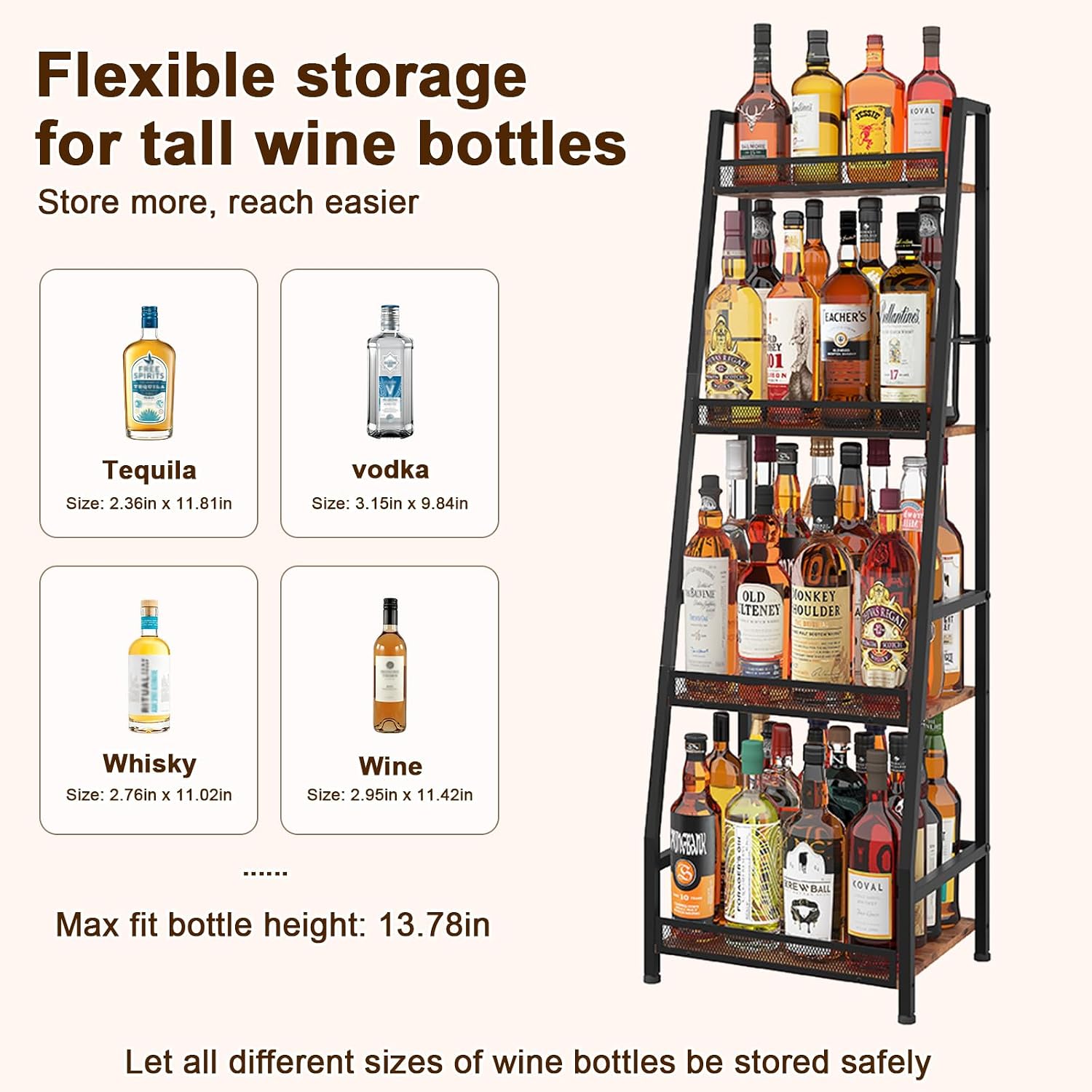 4-Tier Trapezoid Liquor Stand for Home Bar, Upgraded Taller Spacing Liquor Cabinet Fits 750ml & 1750ml Bottles, Large-Capacity Floor Wine Rack for Whiskey and Wine, Corner Display Shelf with Fences