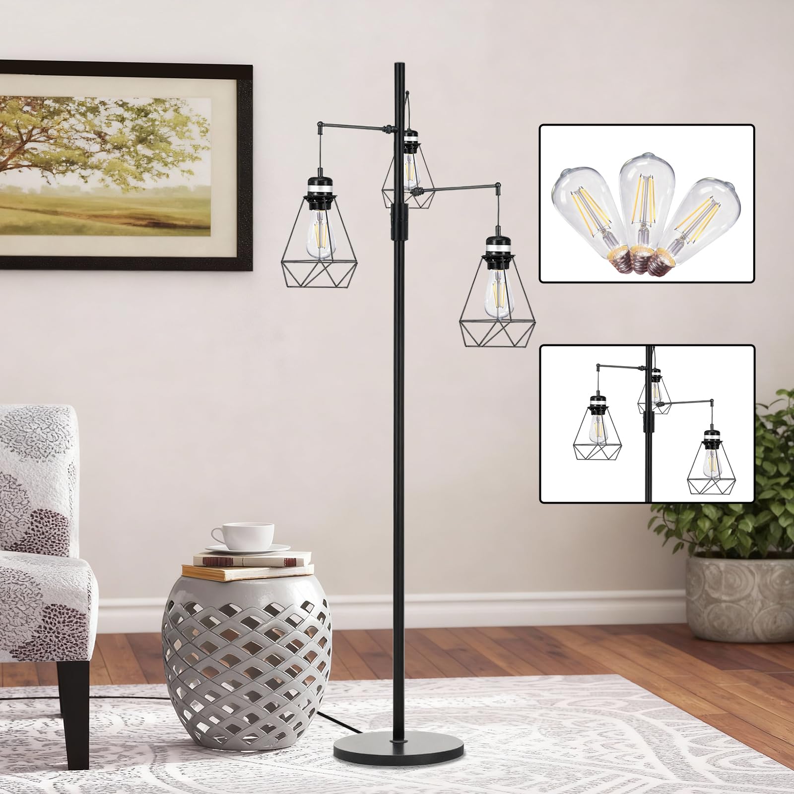 NUNET Boho Industrial Farmhouse Floor Lamp with Stepless Dimming & 3 Adjustable Cage Shades - Vintage Rustic Tall Standing Light for Living Room/