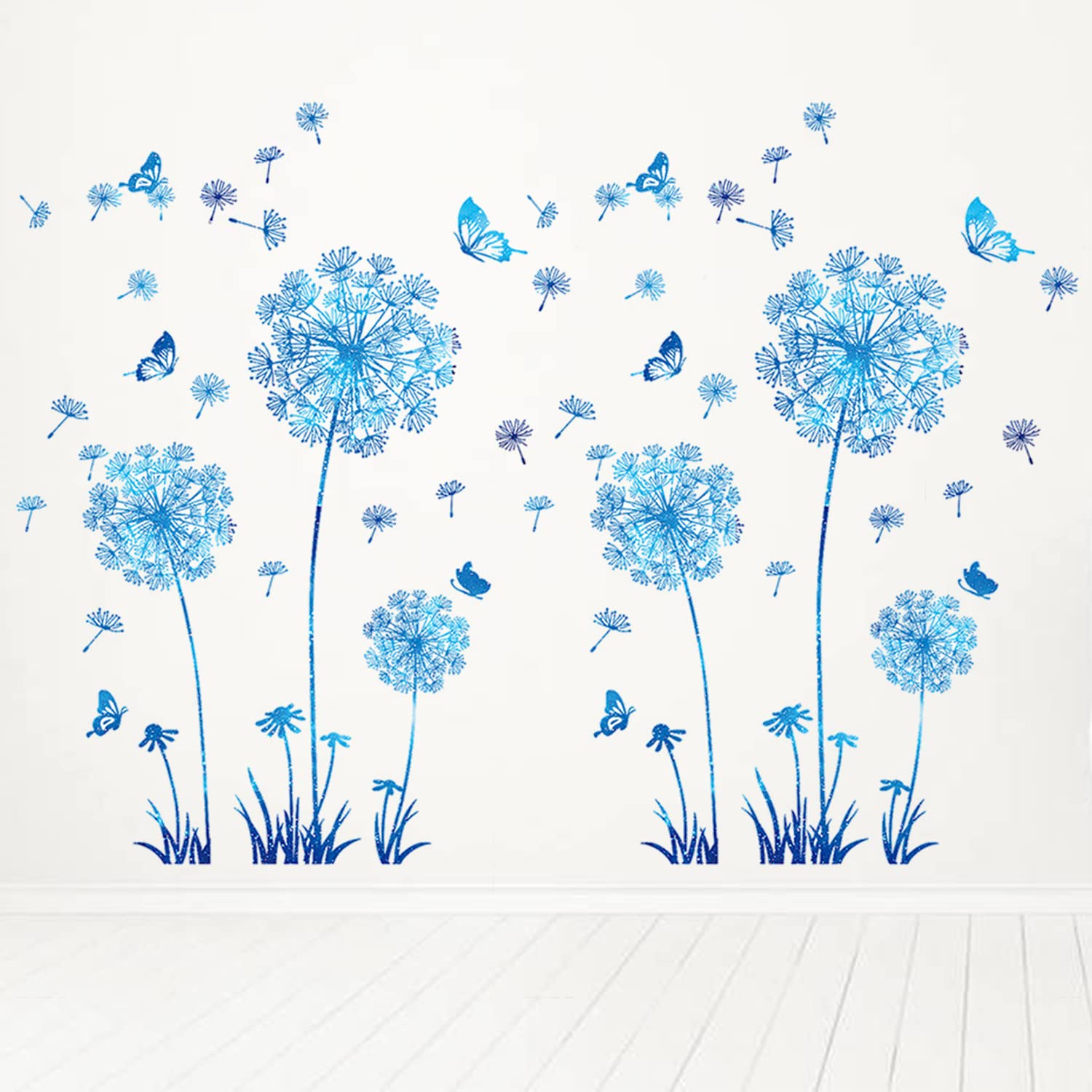 Arawat 2 Set Dandelion Wall Decals - Blue Flower Stickers, Murals, Butterflies Decor for Bedroom, Office, Bathroom, Living Room - Floral Removable