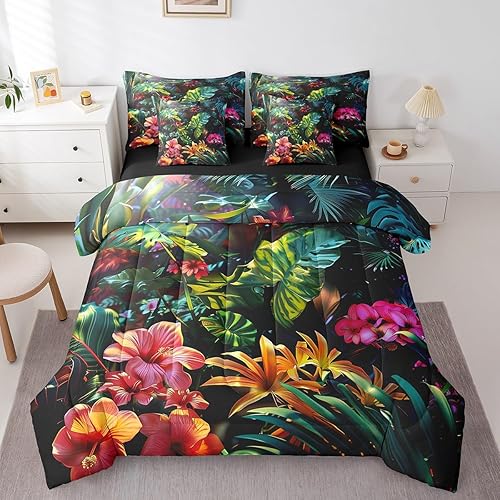 Erosebridal Tropical Plants Bedding Set Green Palm Leaves Queen Comforter Set 7 