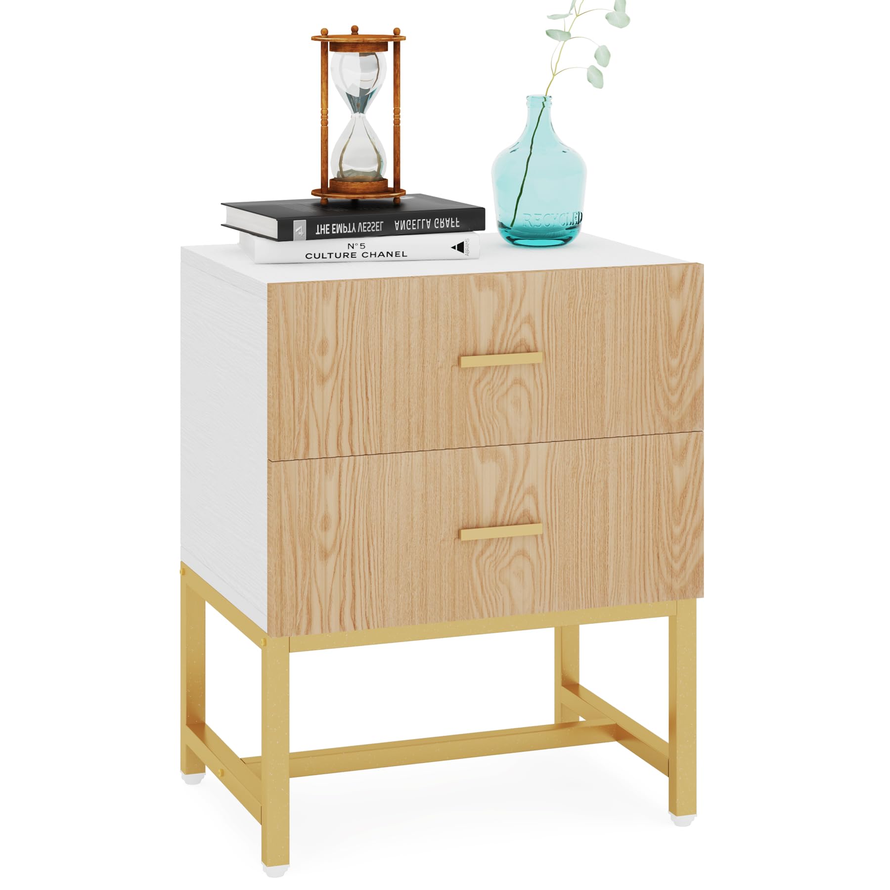 Modern Nightstand with 2 Big Striped Drawers, Tall Bed Side Table Wood Metal End Table for Living Room Bedroom, Beige Gold