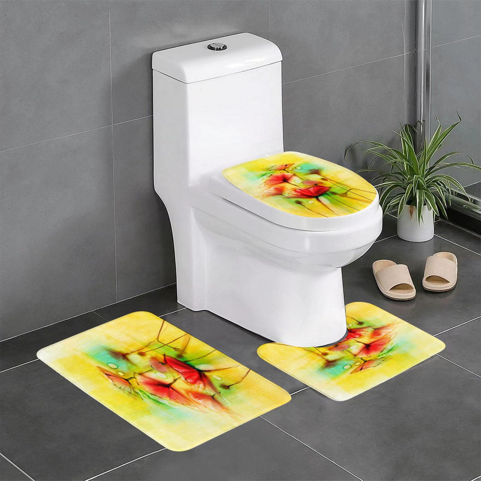 Set di 3 tappetini da Bagno, Lavabili in Lavatrice e Antiscivolo, tappetini in Morbida Fibra Superfine, Motivo Floreale ad Acquerello, Papaveri in tonalità Primaverili, Immagine mo