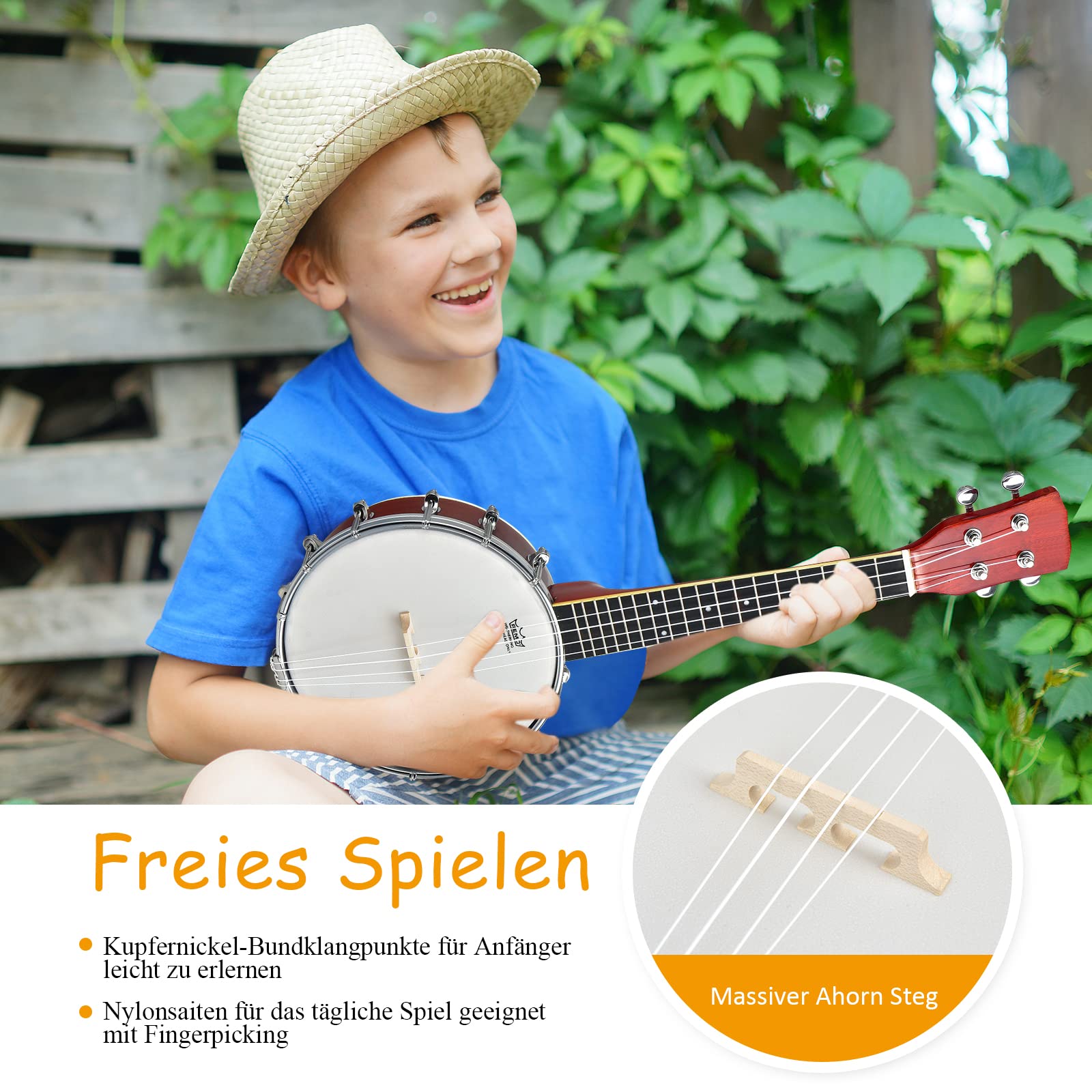 DREAMADE 4 Saiten Banjo 24 Zoll, Banjolele mit Remo-Fell und Reinigungstuch, Banjo Set für Kinder und Anfänger