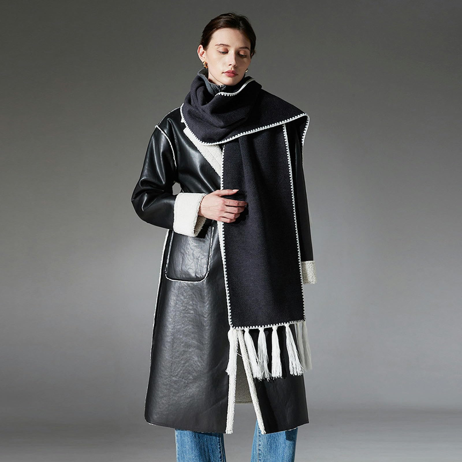Sciarpa Donna Elegante Sciarpa A Doppia Faccia Grigio Scuro per Donne - Scialle Invernale Autunnale, Morbido E Caldo, Regalo di Natale Idear-Grigio Scuro-30 * 190 Cm