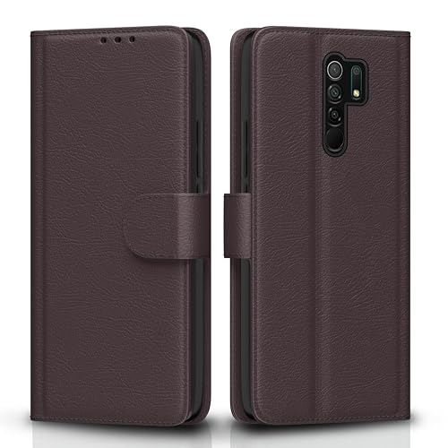 Pikkme Mi Redmi 9 Prime Flip Case Leather Finish | Inside TPU with Card Pockets | Wallet Stand and Shock Proof | Magnetic Closing | Complete Protection Flip Cover for Mi Redmi 9 Prime (Coffee)